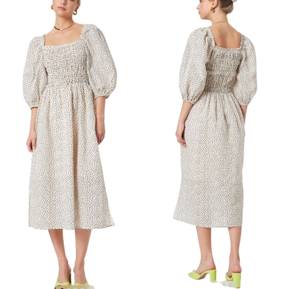 Anthropologie Dresses & Skirts - Just Female Avi Dress Cream Black Polka Dot‎ Smocked Midi Puff Sleeve 40 14032